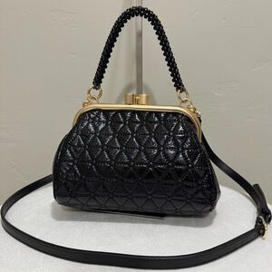 Black Quilted Genuine Patent Leather Handmade Kisslock Purse, 3 Strap Styles